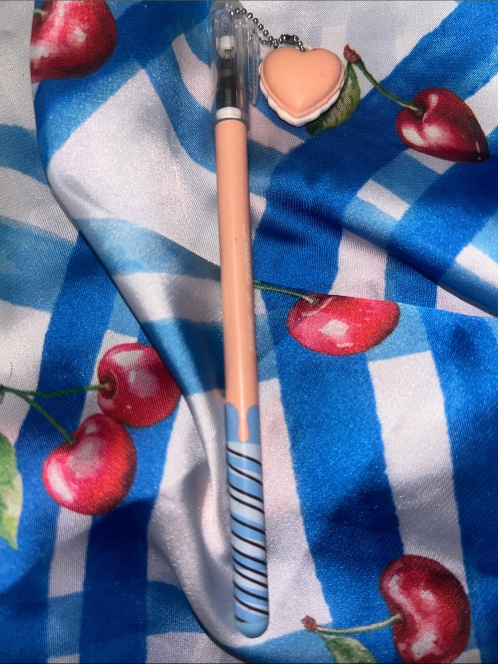 Peach Heart Charm Gel Pen with Blue Striped Grip